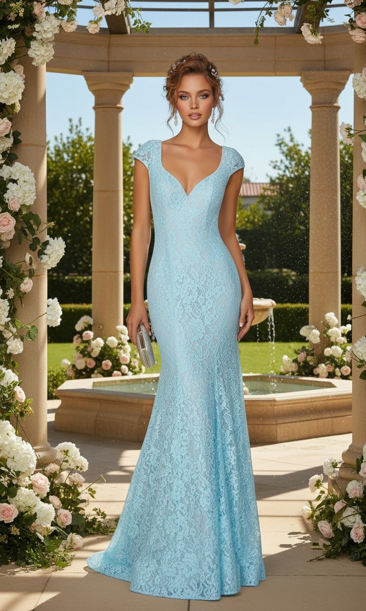 A woman stands outdoors under a floral archway, holding a silver clutch, wearing the Cap-Sleeve Long Lace Prom Dress: La Femme 21509 in light blue, with greenery and a fountain in the background.